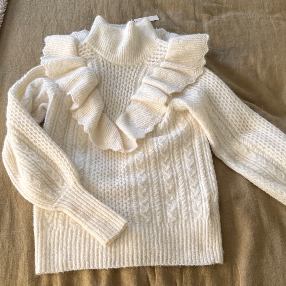 Madewell Zanzibar Cream Ruffled Turtleneck Cable-knit Sweater